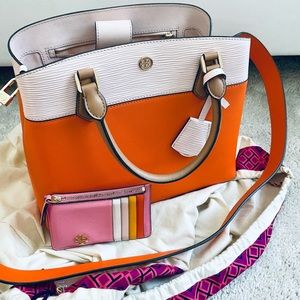 Beautiful Blush and Orange Tory Burch Tote and matching wallet
